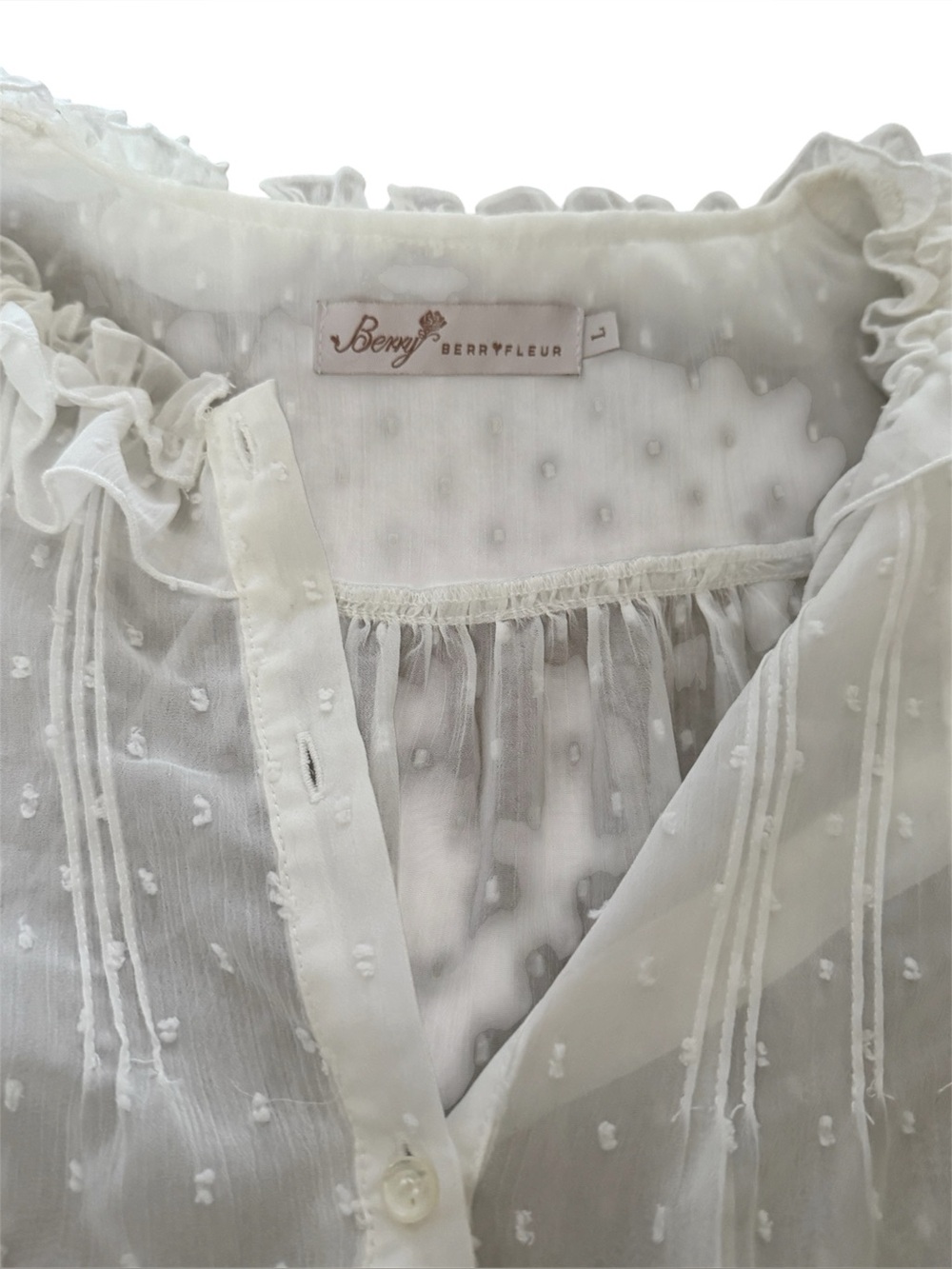 White Swiss Dot Ruffle Button-Front Top - Picture 3 of 4